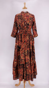 Pink Lemons - Prairie Round Neck Silk Dress - Black Rust - 1238