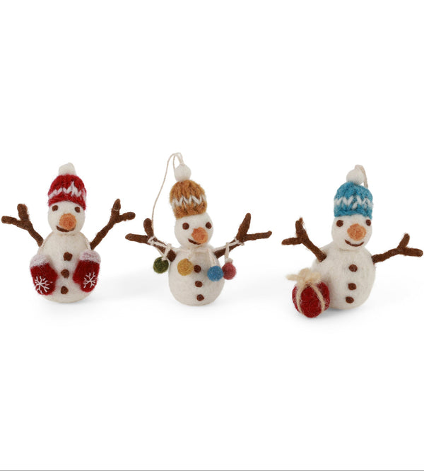 Gry & Sif - Set of 3 Snowmen with Knitted Hats - Felt Ornaments