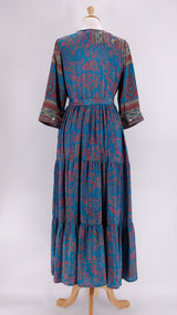 Pink Lemons - Prairie V-Neck Silk Dress - Aqua Blue with Red - 1236