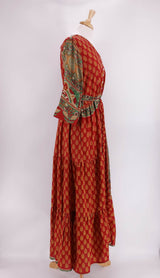 Pink Lemons - Prairie V-Neck Silk Dress - Red, Green, Gold Mix - 1223