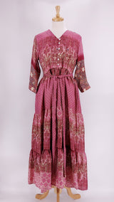 Pink Lemons - Prairie V-Neck Silk Dress - Pink Floral Star - 1226