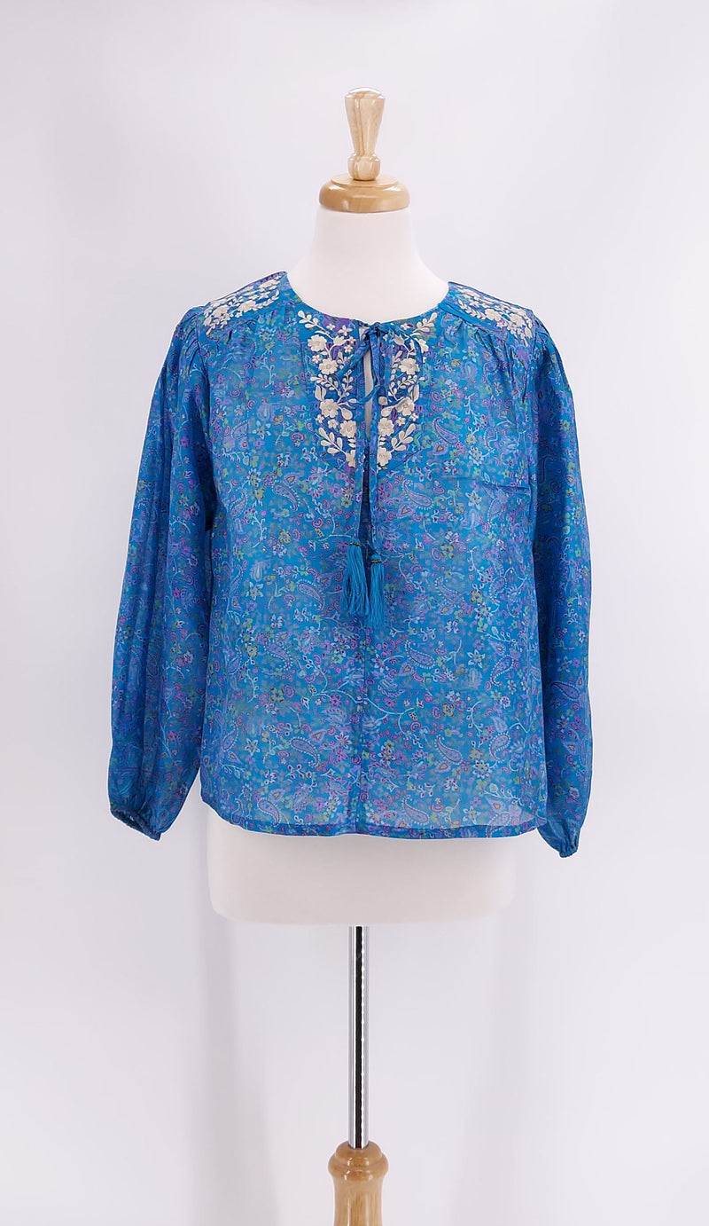 Pink Lemons - Lolita Embroidered Silk Blouse - Blue with Purple - 1333