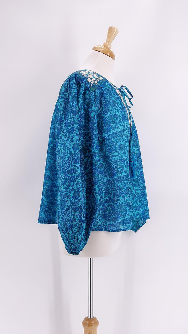 Pink Lemons - Lolita Embroidered Silk Blouse - Blue - 1334