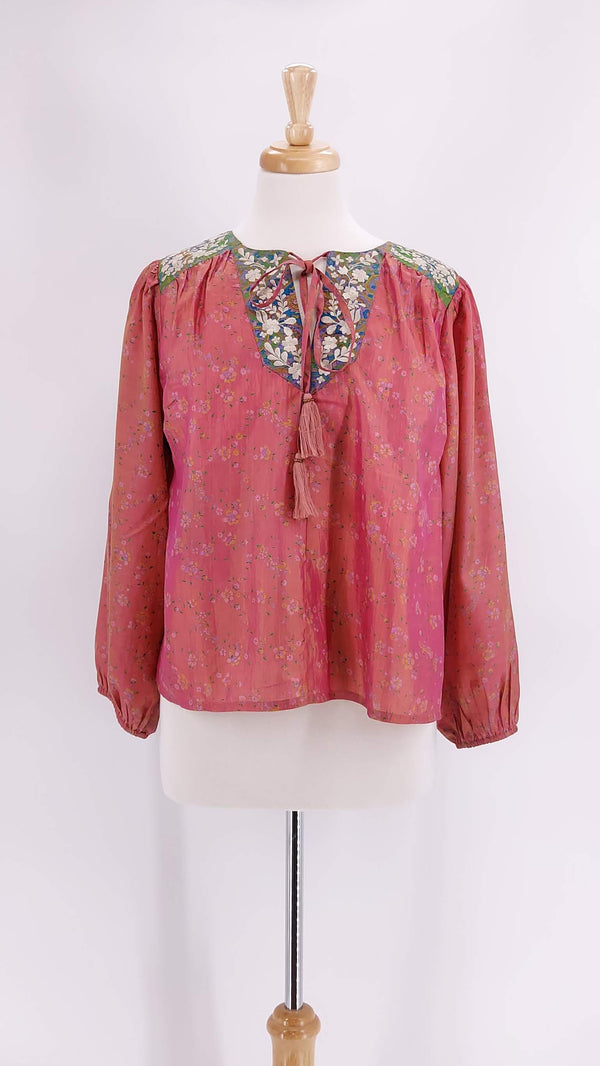 Pink Lemons - Lolita Embroidered Silk Blouse - Coral - 1335