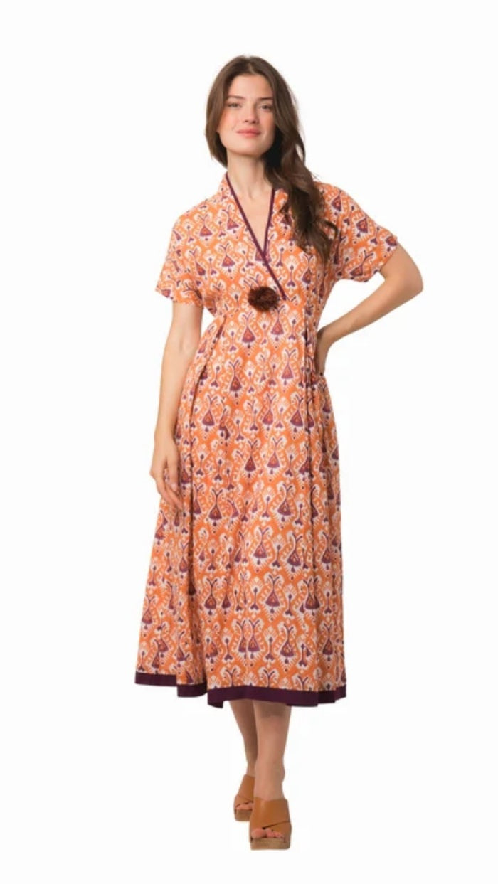 Zen Ethic - Raj Pom Pom Dress - Ikat Orange - 1504