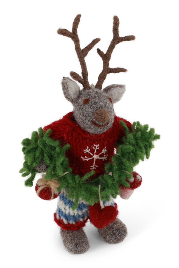 Gry & Sif - Small Grey Boy Deer with Garland - Felt Ornament