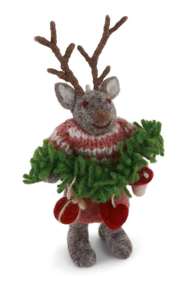 Gry & Sif - Small Grey Girl Deer with Garland - Felt Ornament