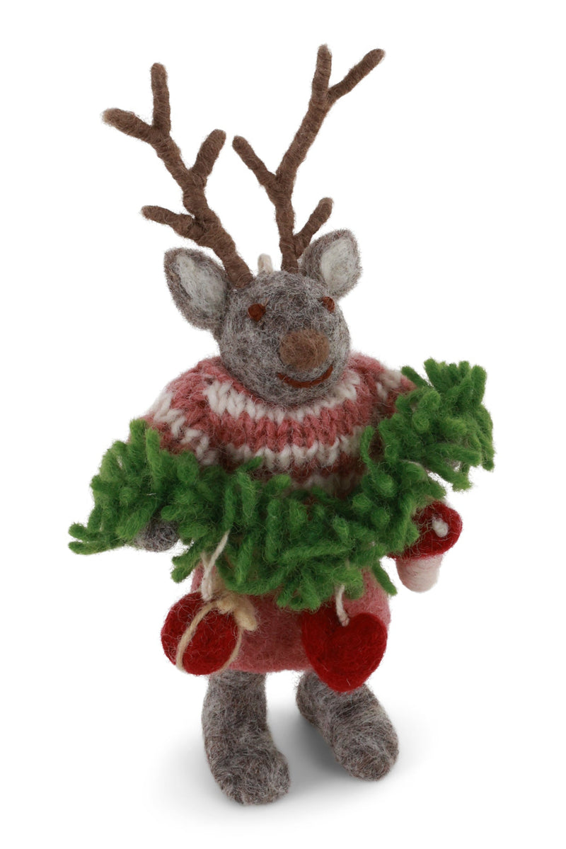 Gry & Sif - Small Grey Girl Deer with Garland - Felt Ornament