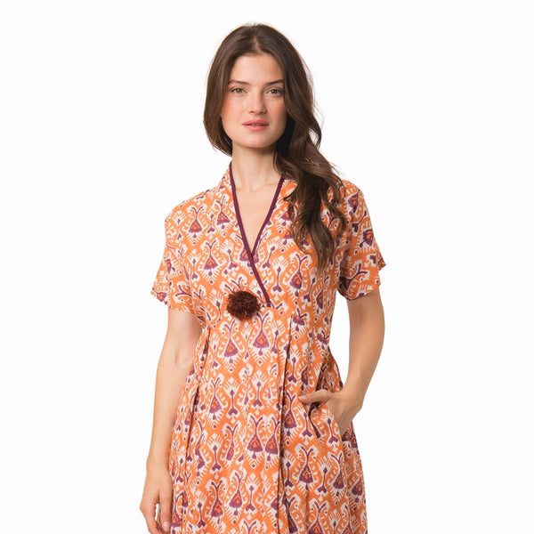 Zen Ethic - Raj Pom Pom Dress - Ikat Orange - 1504